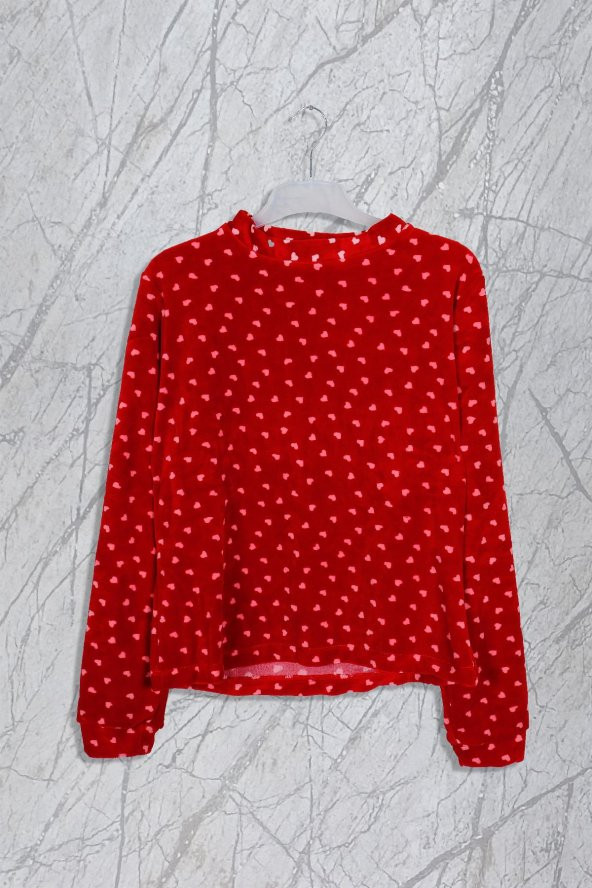 Kalp Baskılı Kadife Kırmızı Pijama Takımı - 3