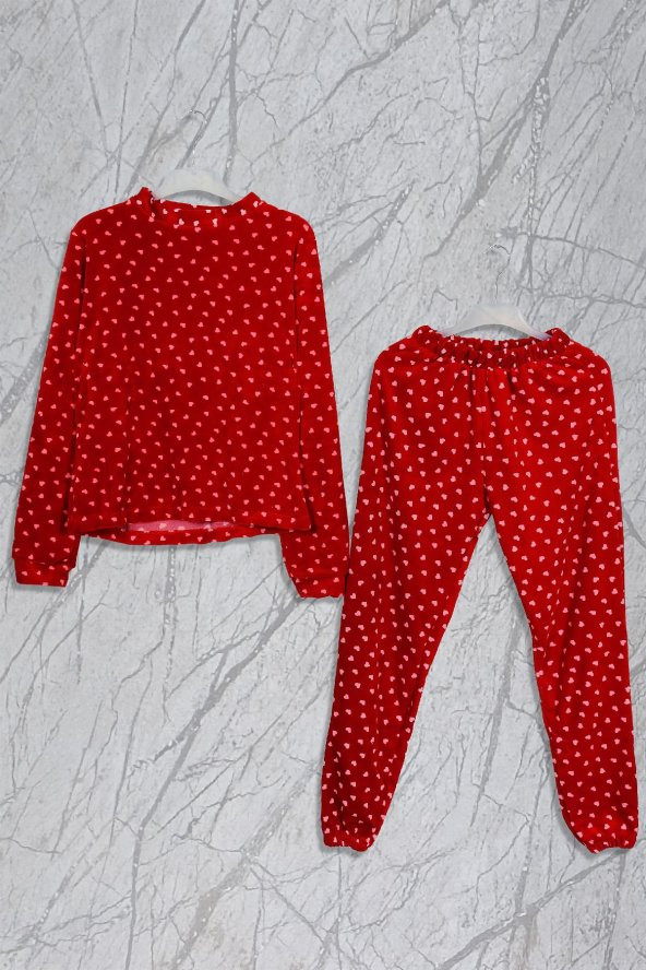 Kalp Baskılı Kadife Kırmızı Pijama Takımı