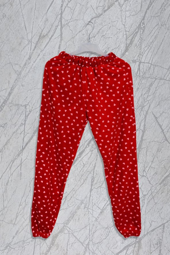 Kalp Baskılı Kadife Kırmızı Pijama Takımı - 2