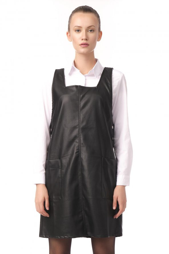 Kadın Cepli Kare Yaka Askılı Suni Deri Jile Elbise