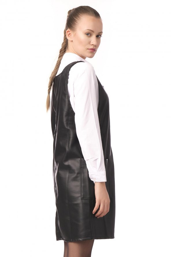 Kadın Cepli Kare Yaka Askılı Suni Deri Jile Elbise - 3