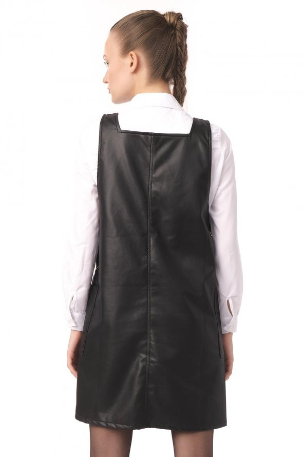 Kadın Cepli Kare Yaka Askılı Suni Deri Jile Elbise - 4