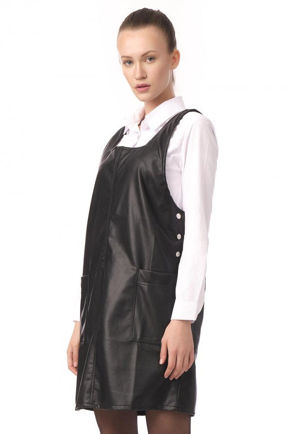 Kadın Cepli Kare Yaka Askılı Suni Deri Jile Elbise - 5