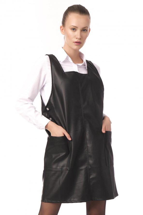 Kadın Cepli Kare Yaka Askılı Suni Deri Jile Elbise - 6