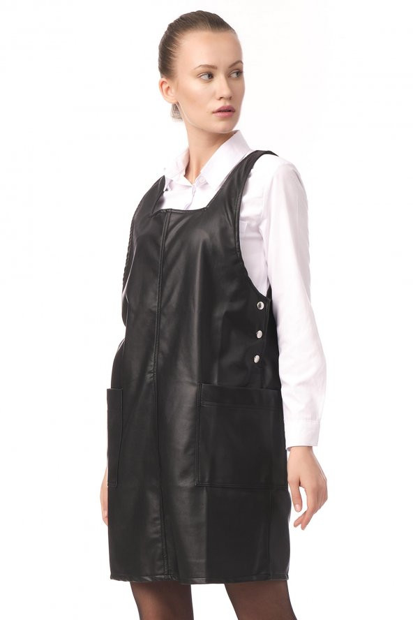 Kadın Cepli Kare Yaka Askılı Suni Deri Jile Elbise - 8