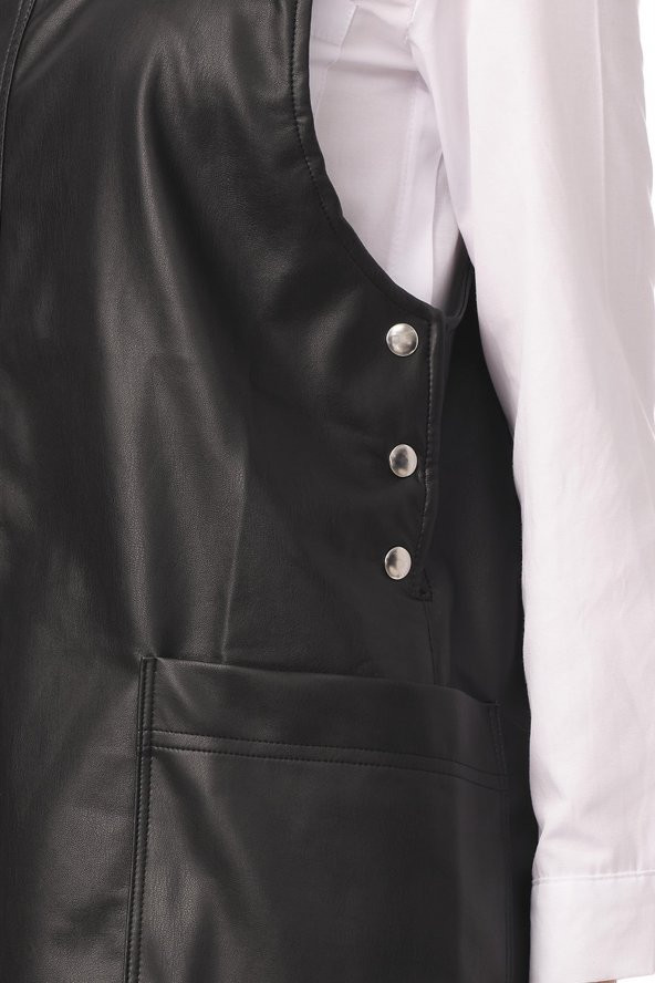 Kadın Cepli Kare Yaka Askılı Suni Deri Jile Elbise - 9