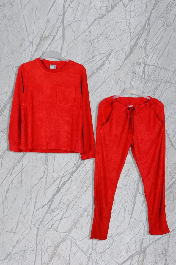Kırmızı Cepli Bayan Pijama Takımı