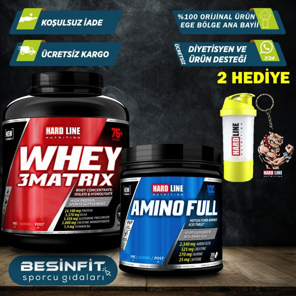 Hardline Kas Kombinasyonu Whey 3 Matrix Protein Tozu + Amino Full + Shaker + Anahtarlık + 4 Aroma