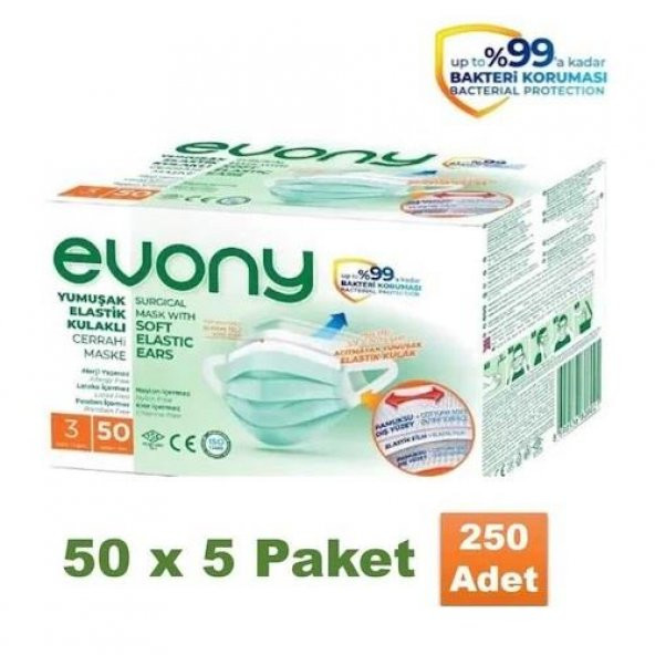Evony Yumuşak Elastik Kulaklı 3 Katlı Cerrahi Maske 250 Adet - 1