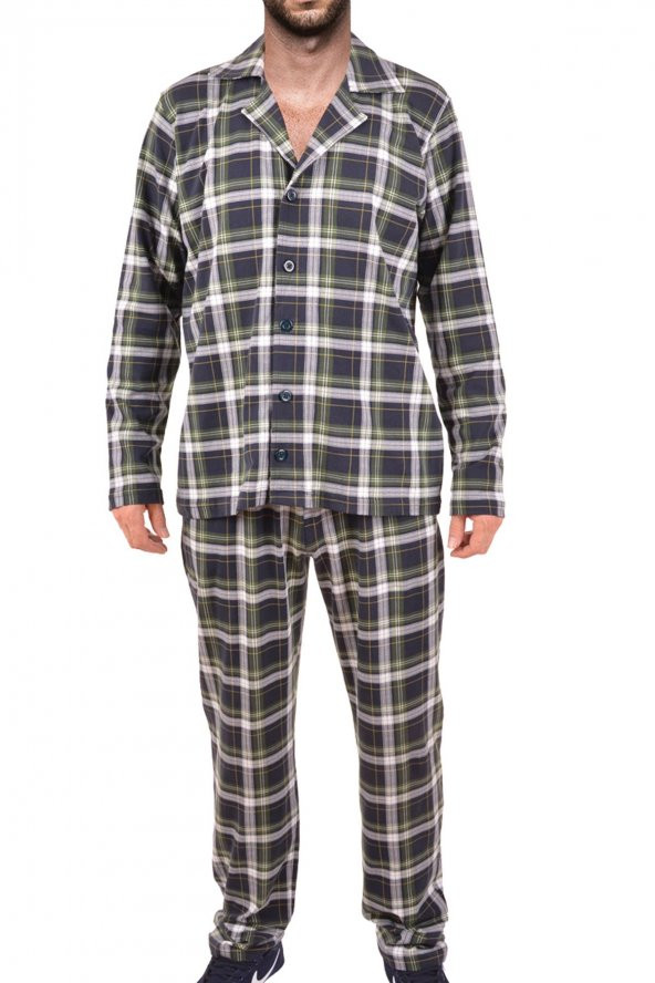 Tom John Haki Erkek Pijama Takımı Uzun Kollu Cepli Düğmeli Pamuk