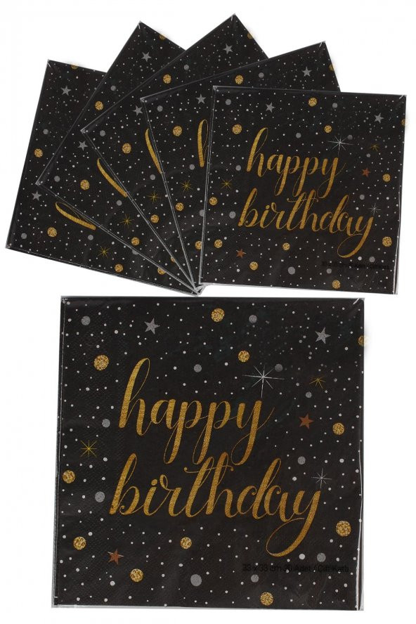 Kına Atölyesi Happy Britday Doğum Günü Peçetesi Siyah Gold 20 Adet