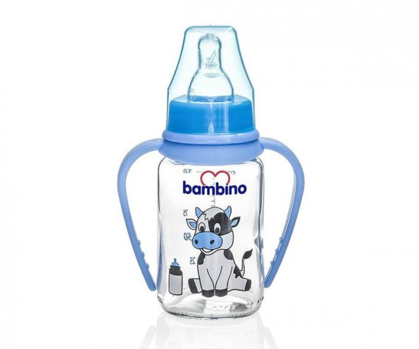 Bambino Yavaş Akışlı Kulplu Cam Biberon 125 Ml - Mavi