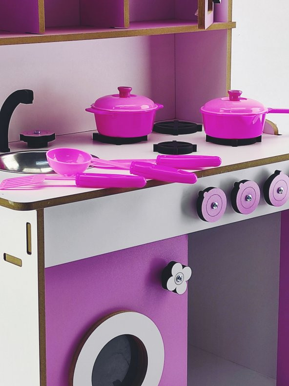PARSTEK PEMBE AHŞAP OYUN MUTFAĞI-19 PARÇA MUTFAK SETİ HEDİYELİ - 3