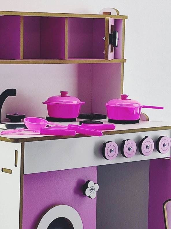 PARSTEK PEMBE AHŞAP OYUN MUTFAĞI-19 PARÇA MUTFAK SETİ HEDİYELİ - 6