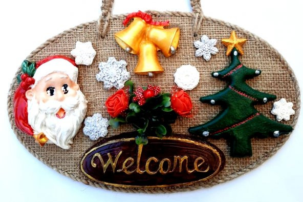 Welcome Yazılı Noel Babalı El Yapımı Yılbaşı Kapı Süsü