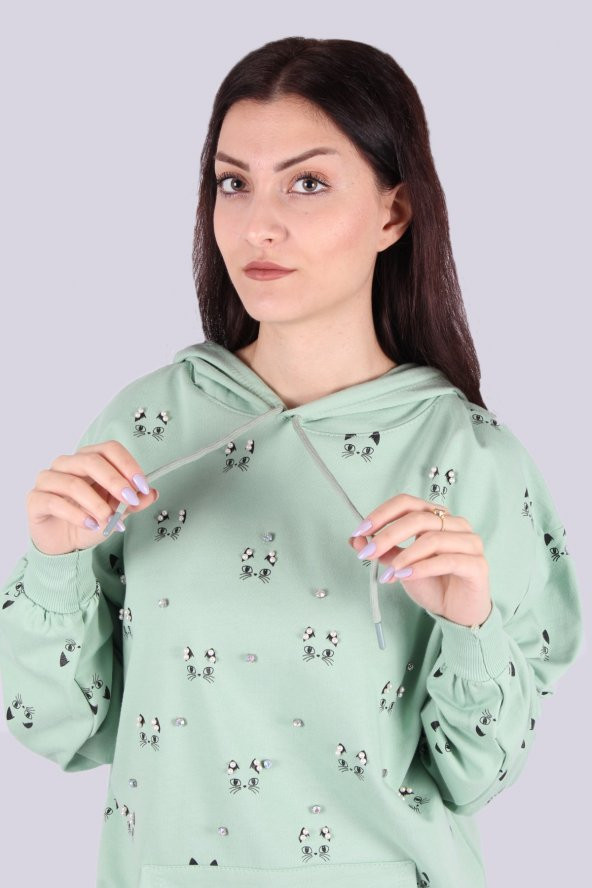 Kadın Kedili Kapşonlu Sweat
