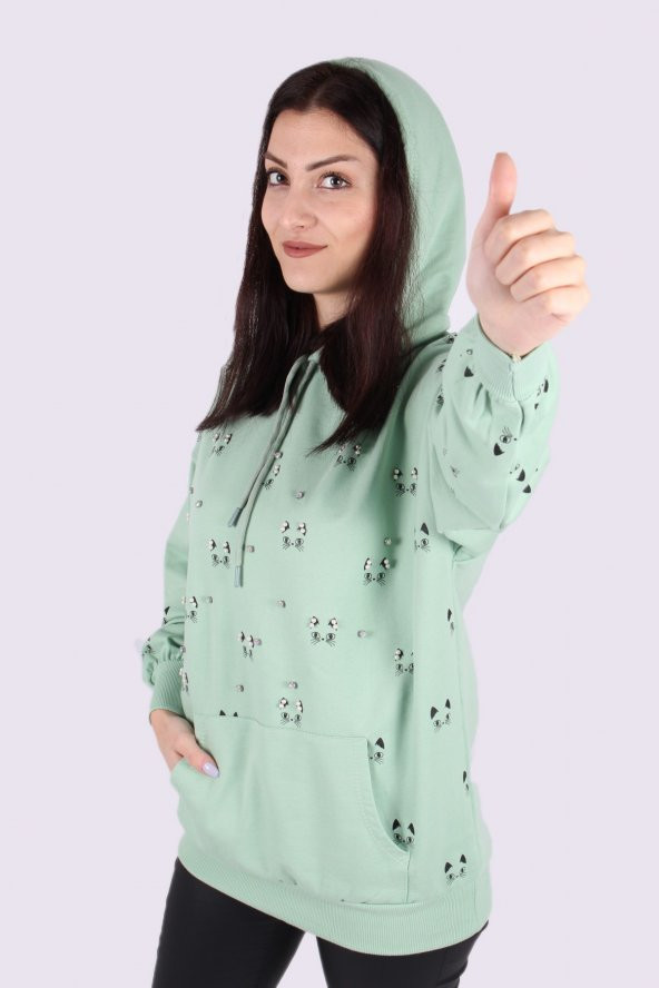 Kadın Kedili Kapşonlu Sweat - 2