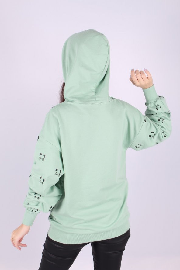 Kadın Kedili Kapşonlu Sweat - 4