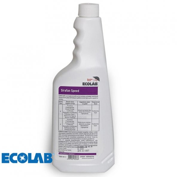 TEZGAH DEZENFEKTANI ECOLAB SIRAFAN SPEED 750 ML YUZEY DEZENFEKTANI BAKANLIK ONAYLI