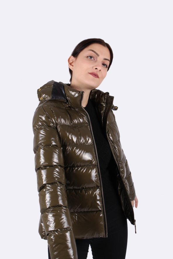 Kadın Parlak Haki  Şişme Mont - 2