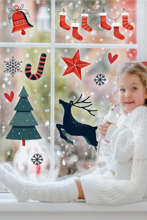 Yılbaşı Özel Çam Ağacı,Geyik,Çorap,Noel Süsleri Duvar-Cam Sticker
