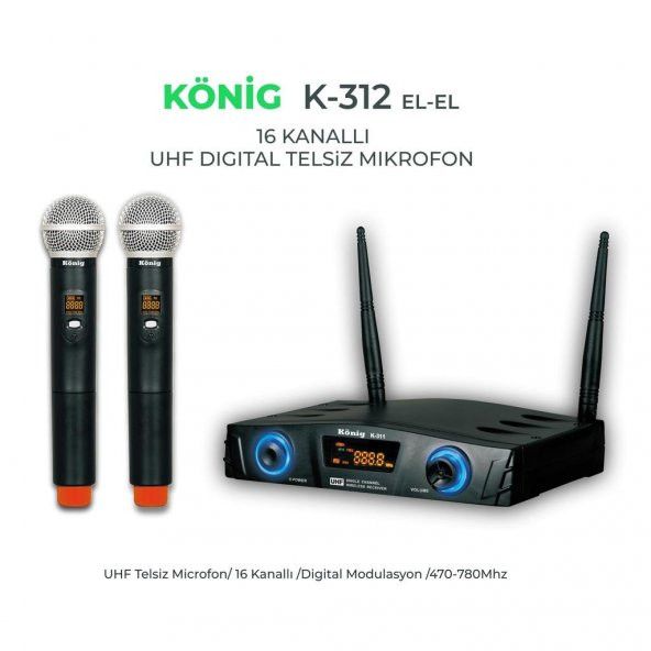 König K-312 Çift El Kablosuz Telsiz Mikrofon 16 Digital Kanal UHF