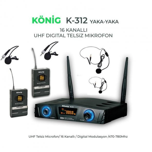 König K-312 Çift Yaka Kablosuz Telsiz Mikrofon 16 Digital Kanal UHF