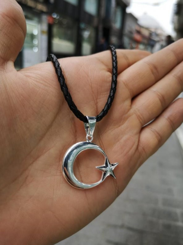 Deri İpli Ayyıldız Gümüş Kolye - 3