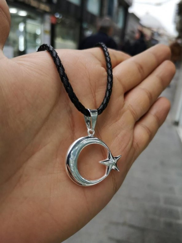 Deri İpli Ayyıldız Gümüş Kolye - 4