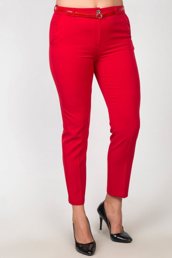 Kadın Kırmızı Yüksek Bel Klasik Kumaş Büyük Beden Pantolon