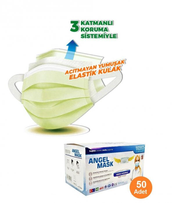Angel 50 Adet Sarı Yumuşak Elastik Kulaklı Telli Cerrahi Maske