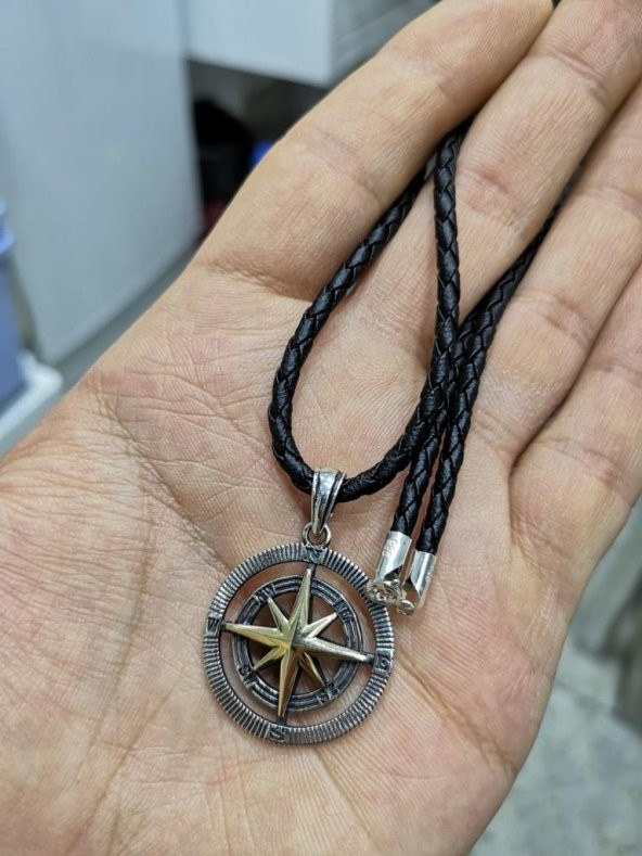 Deri İpli Gümüş Pusula Kolye Özel Tasarım - 2