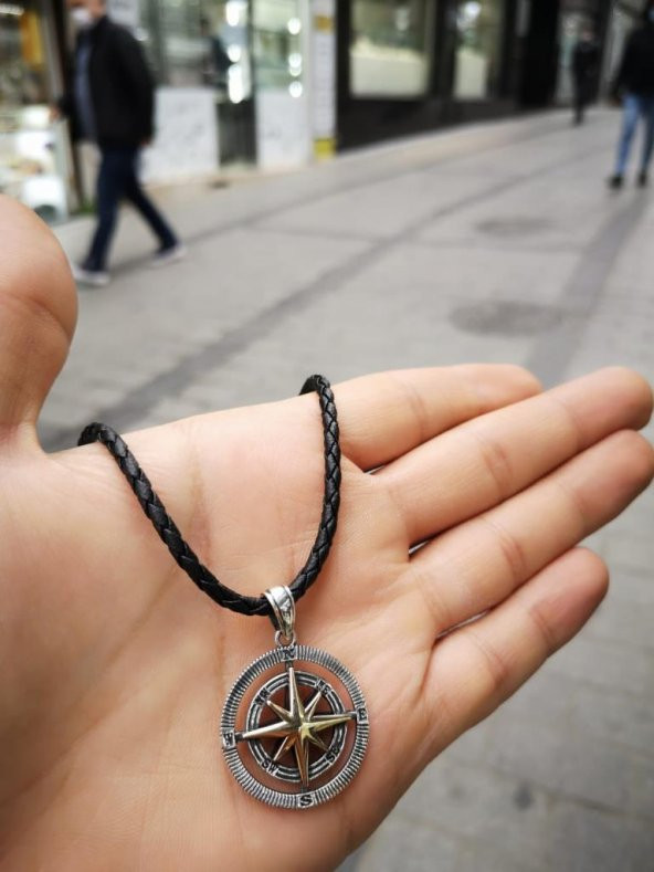 Deri İpli Gümüş Pusula Kolye Özel Tasarım - 3