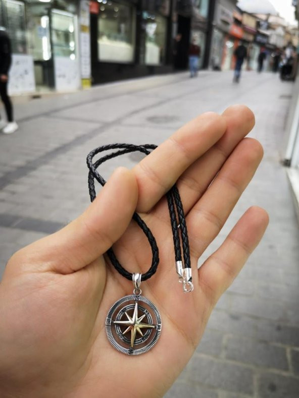 Deri İpli Gümüş Pusula Kolye Özel Tasarım - 4