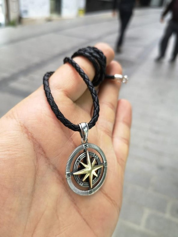 Deri İpli Gümüş Pusula Kolye Özel Tasarım - 5