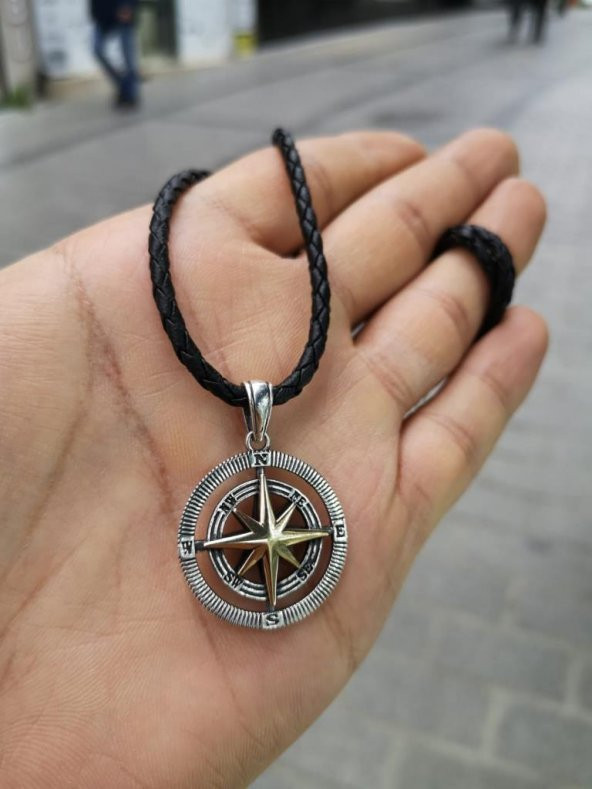 Deri İpli Gümüş Pusula Kolye Özel Tasarım - 6