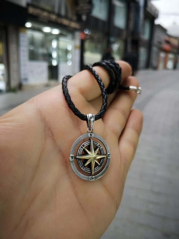 Deri İpli Gümüş Pusula Kolye Özel Tasarım - 8