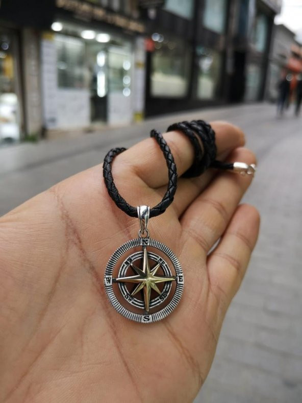 Deri İpli Gümüş Pusula Kolye Özel Tasarım - 9