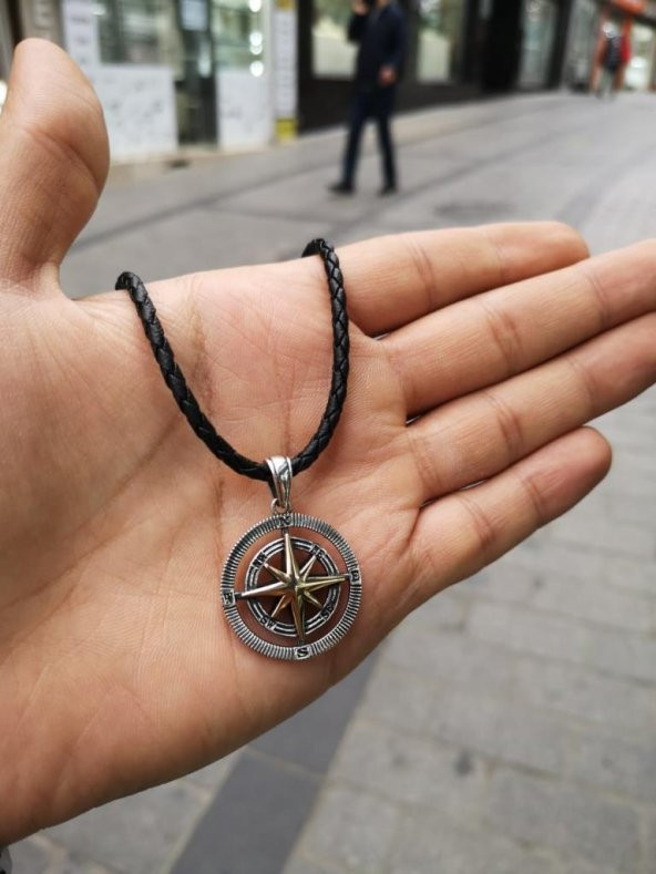 Deri İpli Gümüş Pusula Kolye Özel Tasarım - 10