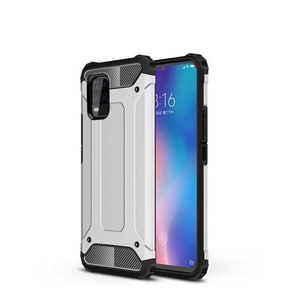 KNY Xiaomi Mi 10 Lite Kılıf Çift Katmanlı Armour Case Gümüş