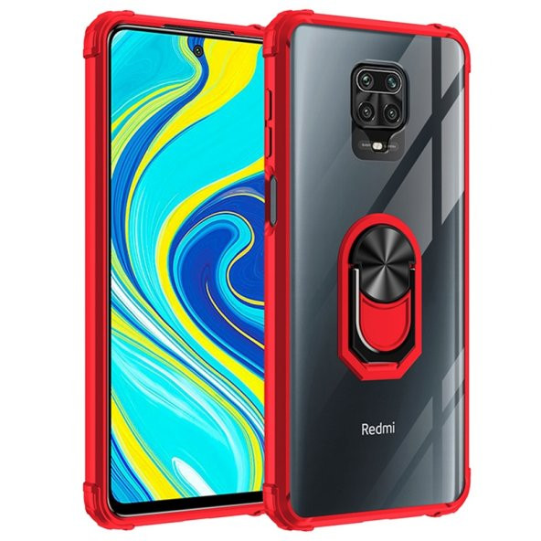 KNY Xiaomi Redmi Note 9S Kılıf Renkli Silikon Kenarlı Yüzüklü Manyetik Mola Kapak Kırmızı