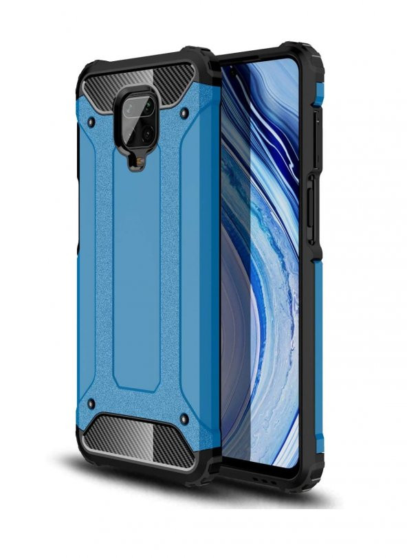 KNY Xiaomi Redmi Note 9 Pro Kılıf Çift Katmanlı Armour Case Mavi