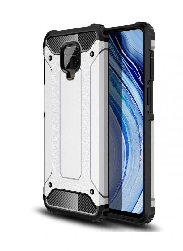 KNY Xiaomi Redmi Note 9S Kılıf Çift Katmanlı Armour Case Gri