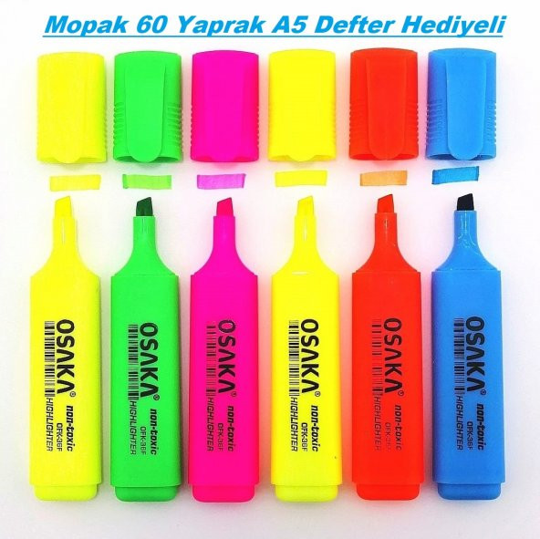 Osaka Fosforlu Kalem Canlı Renkler 6Lı Set + Mopak A5 Defter Hediyeli