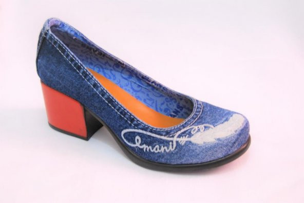 Emani Jeans Kadın Kırmızı Topuklu Özel Üretim Kot Günlük Ayakkabı