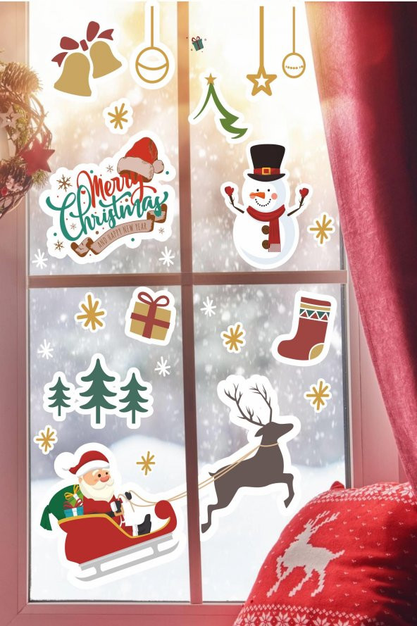 Yılbaşı Sticker Seti Kızakta Noel Baba, Noel Süsleri Duvar-Cam Sticker