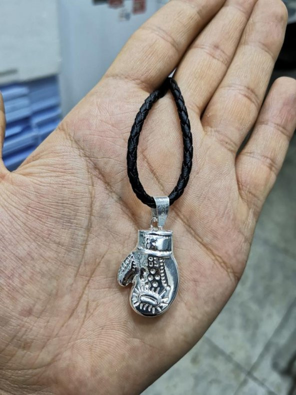 Gümüş Boks Eldiveni Kolye Deri İpli Özel Tasarım 925 Ayar - 3