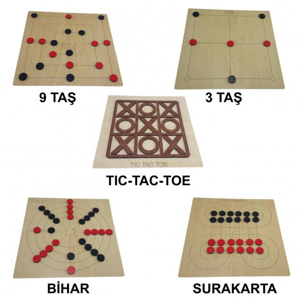 5 in 1, Ahşap TIC-TAC-TOE, 3 Taş, 9 Taş, Bihar ve Surakarta Akıl, Zeka ve Strateji Oyunu