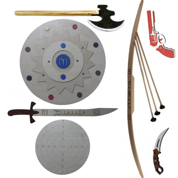 Ahşap Oyuncak Seti 7 li, KALKAN + BALTA + KILIÇ + KARAMBİT + OK YAY TK + LASTİK ATAN TABANCA + HEDEF