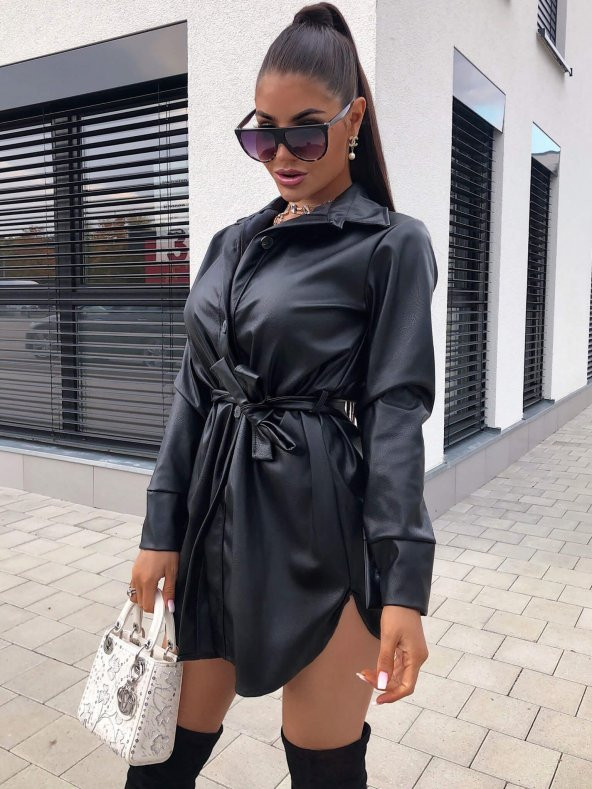 ŞARDONLU SİYAH DERİ GÖMLEK ELBİSE - 2